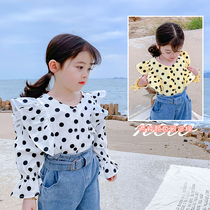 Childrens round dot shirt spring new female baby sweet and beautiful lotus leaf side long sleeve blouse girls Korean version lining clothing child clothing