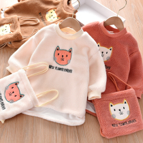 Childrens dress new girl winter dress Long sleeve suede cardiovert cute baby kitty embroidered lamb suede blouse deliver the same small bag