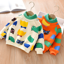 Baby winter clothes plus velvet childrens clothing new male and female children cat print shoulder sleeve velvet sweater childrens high neck top
