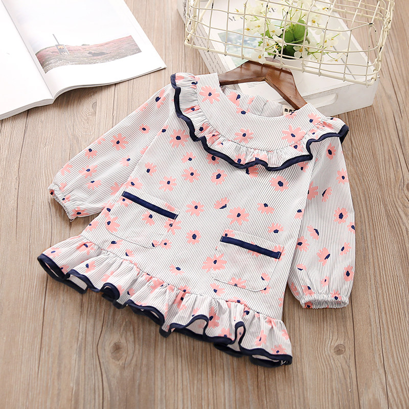 Girl's spring new foreign dress Dress Cute Baby Agaric Side Flowers Skirt Children Striped Long Sleeve Short Dress