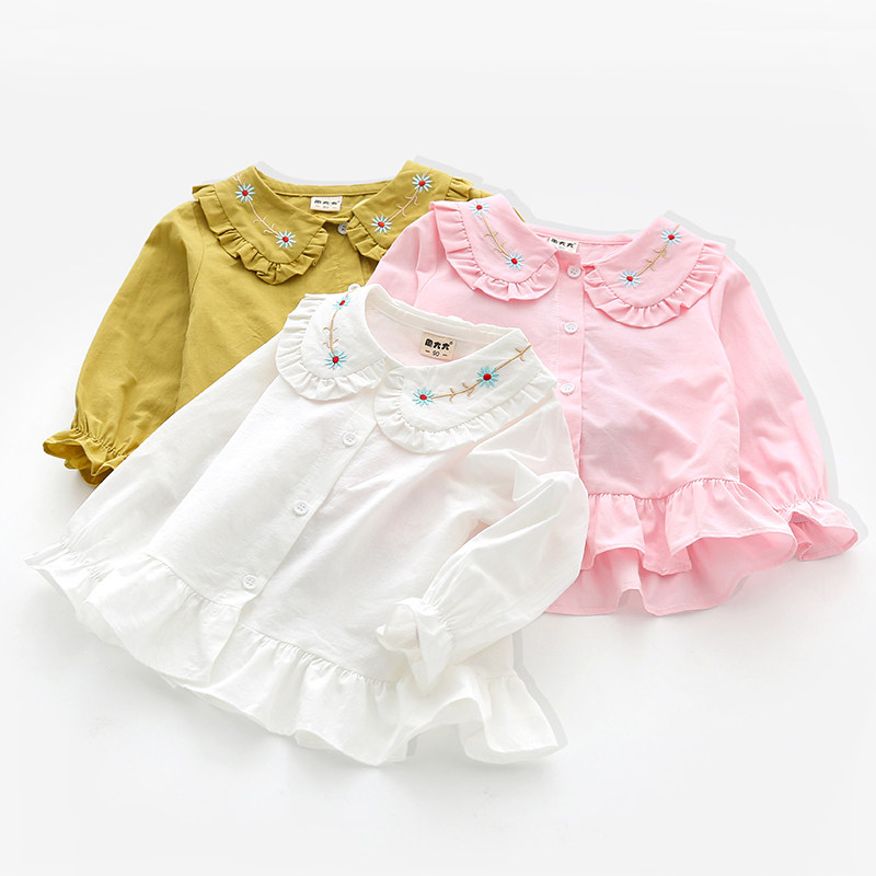 Girls Long Sleeve Shirt Spring new baby embroidered lapel shirt Children Ruffle irregular hem top
