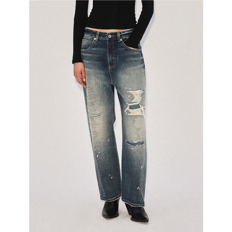 Command N(J01) Fake Ripped Distressed Washed Loose Low-Waist Straight-Leg Jeans