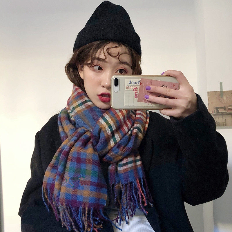 Scarf Womens autumn and winter Korean version of the student wild knitted shawl thickened rainbow plaid warm bib dual-use ins