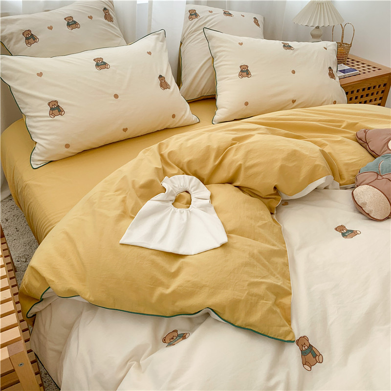 Sun style card ventilation washed cotton four sets full cotton linen cute little bear embroidery quilt cover children room bed bedding