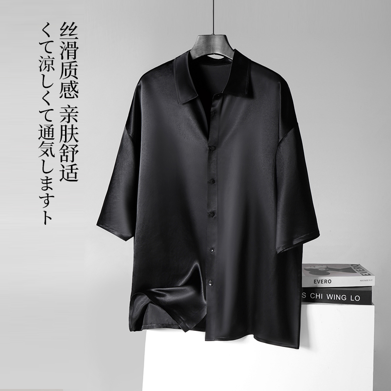 レイジースタイルのトリアセテートシルクサテン半袖シャツメンズ高級パール光沢シルクライトラグジュアリードレープトップスメンズ