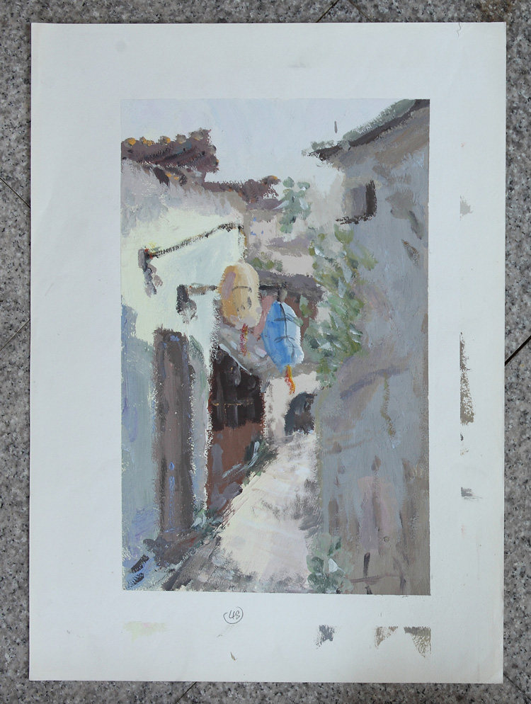 Water powder wind scenery painting with water powder painting 4 open color macro village landscape autumn scenery to write the old streets water powder scenery