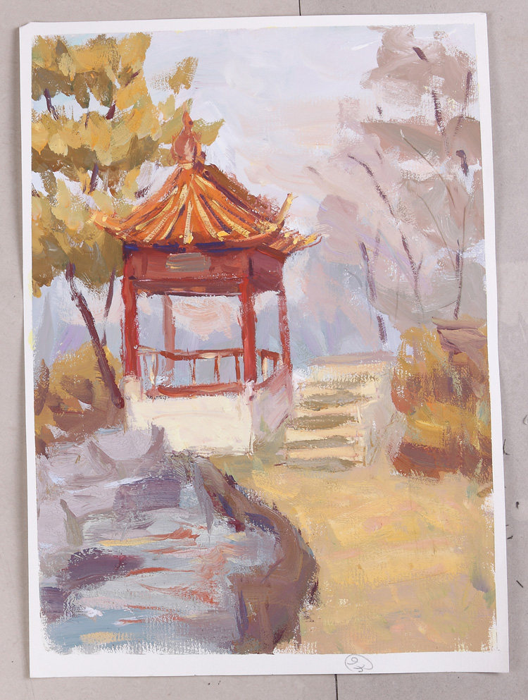 Wuyuan Hongcun gouache landscape painting 4 open autumn scenery yellow maple leaf color sketch painting spot color landscape copy