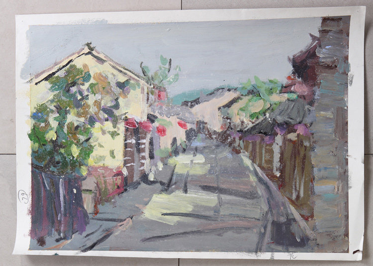 Dining room decoration painting gouache landscape Xidi landscape painting 4 open northern rural mountain village woods landscape color sketch