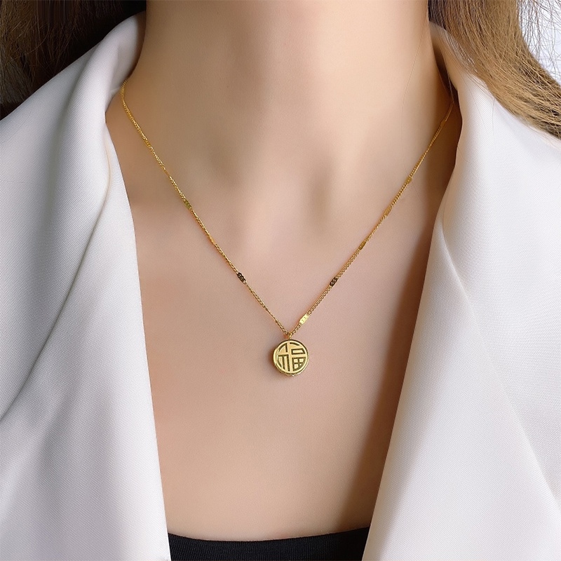 Hong Kong 2023 New Sterling Silver Fortune Happiness Double-sided Lettering Frosted High-quality New Year Necklace Niche Design Clavicle Chain