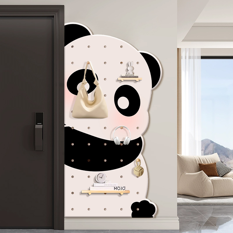 Cream-Colored Wall-Mounted Pegboard Storage Rack with Cartoon Panda Design for Entryway, Featuring Key and Coat Hooks and Shelves