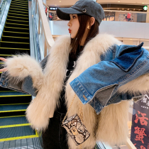 Flame Queen 2021 short denim young fur jacket two-piece fox fur vest woven women winter
