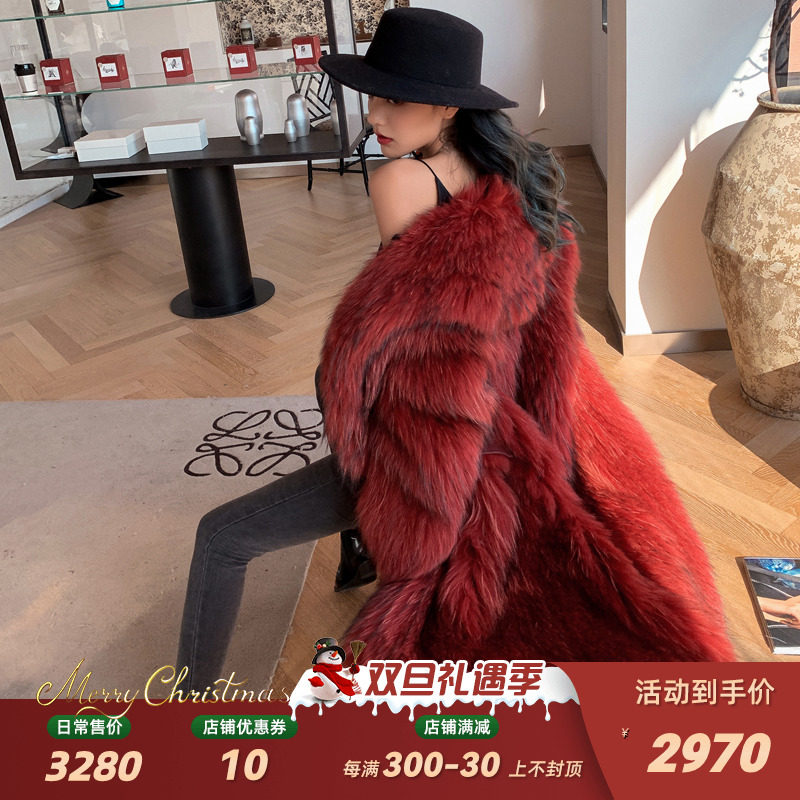 Flame Queen 2022 newly imported raccoon fur fashion lapel long woven fur coat women's winter fur coat