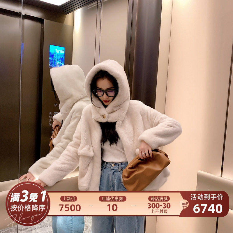 Flame Queen imported velvet mink fur coat women's short hooded mink fur coat 2022