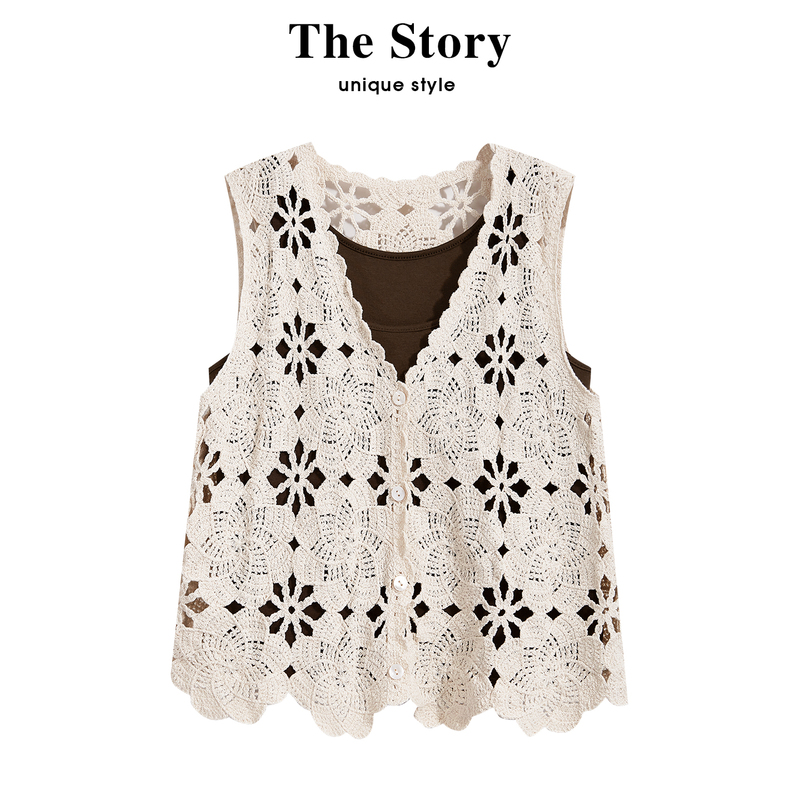 Those Things: French Resort-Style Hollow-Out Crochet Knit Cardigan Layered with a Camisole for Women, Summer Two-Piece Set Those Things: French Resort-Style Hollow-Out Crochet Knit Cardigan Layered with a Camisole for Women, Summer Two-Piece Set