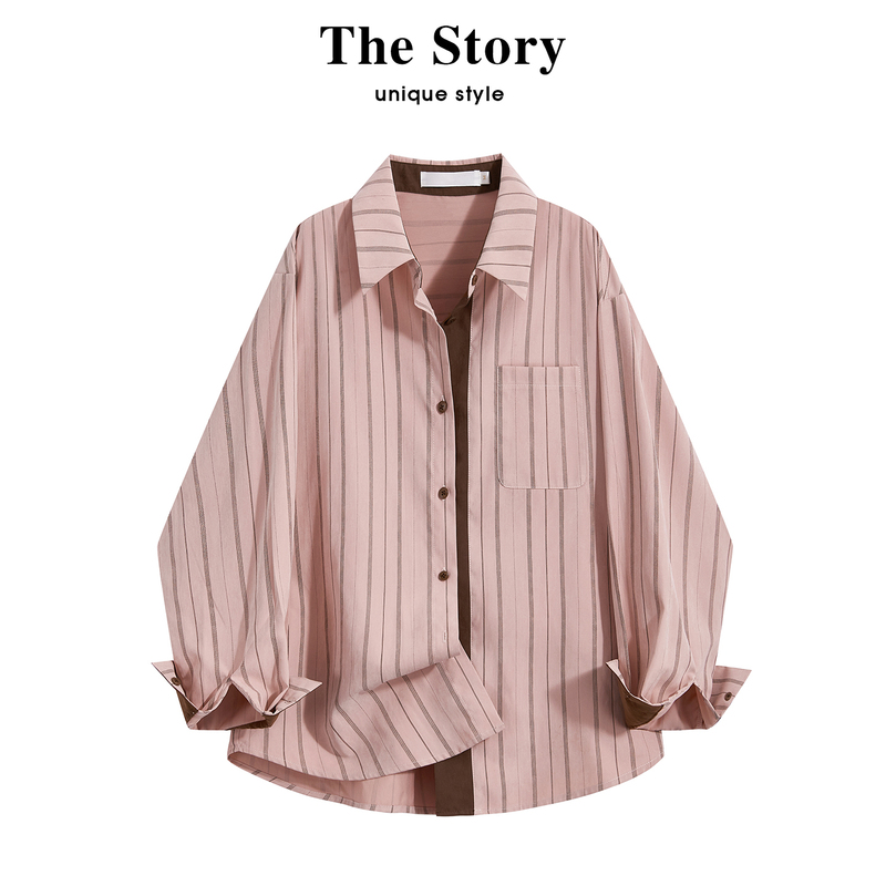 Those Things: Korean-Style Pink Striped Color-Blocked Shirt for Women, Spring and Autumn, Lazy Casual Versatile Loose Shirt Jacket