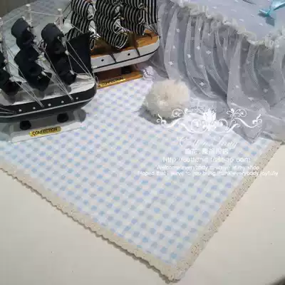Blue grid beige lace bedside table cloth pastoral tablecloth cotton table cloth can be customized