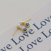 Drop glaze blue gold flower earrings female fresh niche design 925 sterling silver high-end pearl earrings earrings