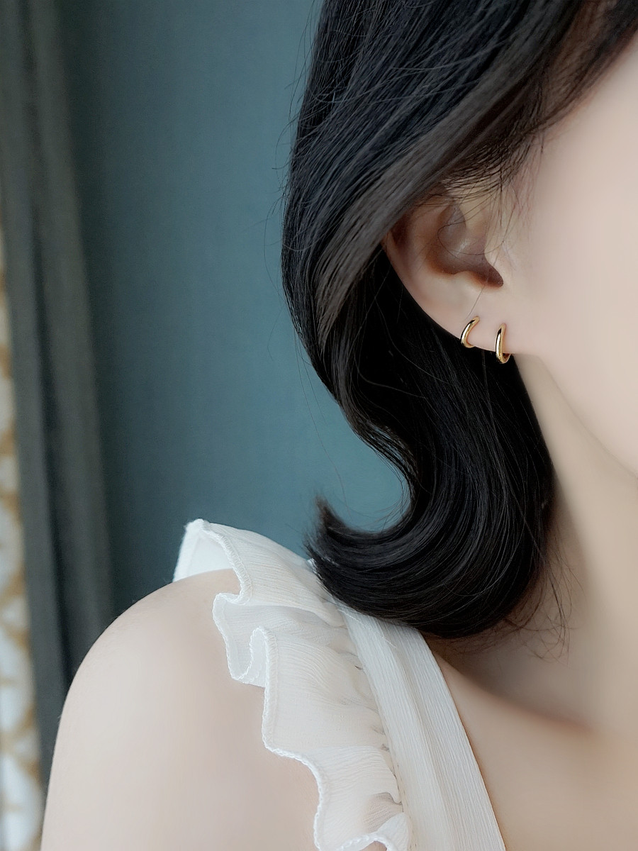 Small Z Youpin 925 sterling silver glossy ear ring 14K gold round minimalist style Japanese aperture ear needle ear buckle ear bone ring