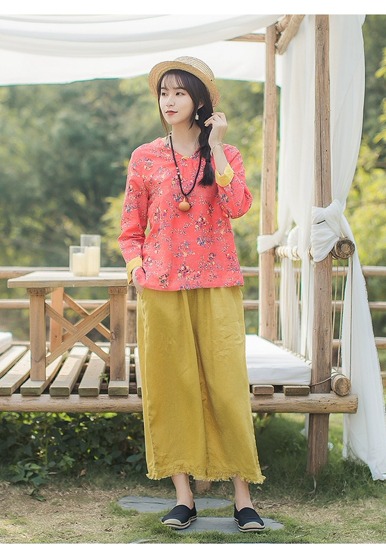 Áo cotton và vải lanh nhỏ hoa top bằng vải lanh ramie nữ dài tay khóa retro Quần áo phụ nữ Trung Quốc mùa xuân 2020 - Áo sơ mi