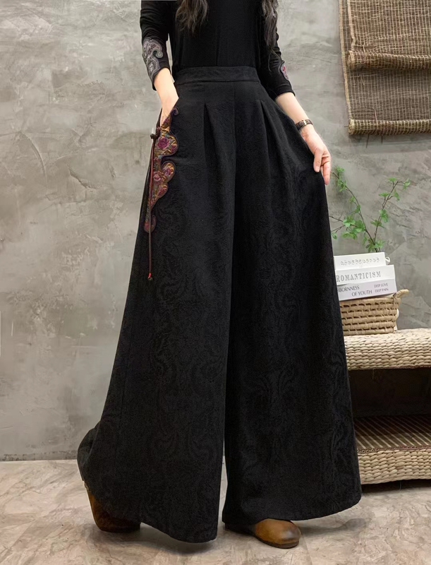Artistic Retro Autumn and Winter Ethnic Style Patchwork Embroidered Pendant Flower Bud Long Pants Cotton Linen Jacquard Wide-Leg Pants 158 Artistic Retro Autumn and Winter Ethnic Style Patchwork Embroidered Pendant Flower Bud Long Pants Cotton Linen Jacquard Wide-Leg Pants 158