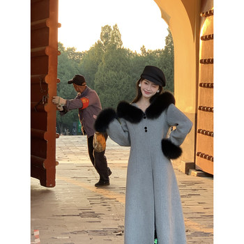 Thecoco 全羊毛丰盈狐狸毛双面呢长大衣女冬季重磅高级感毛呢外套