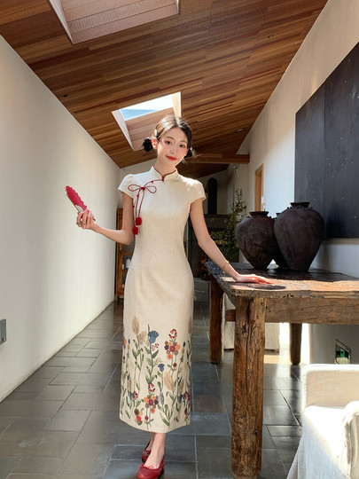 Thecoco New Chinese Style Printed Cotton and Linen Cheongsam for Women, Summer Elegant Slim Fit, Comes with Tulip Red Hair Tie