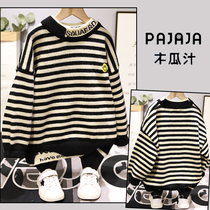 Papaya Juice 2020 Winter New Blouse Boy Girl Girl Han Version Loose Stripes Round Collar Fur Coat Tide 58015