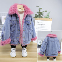 Big E small e childrens clothing 2020 winter New Girl coat middle child Korean version of Lamb hair denim coat 18169