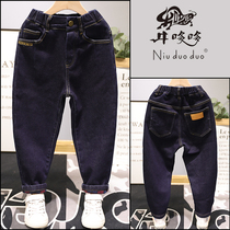 Niu Duoduo childrens clothing 2020 winter wear new velvet jeans boys and girls one velvet stretch pants 95252