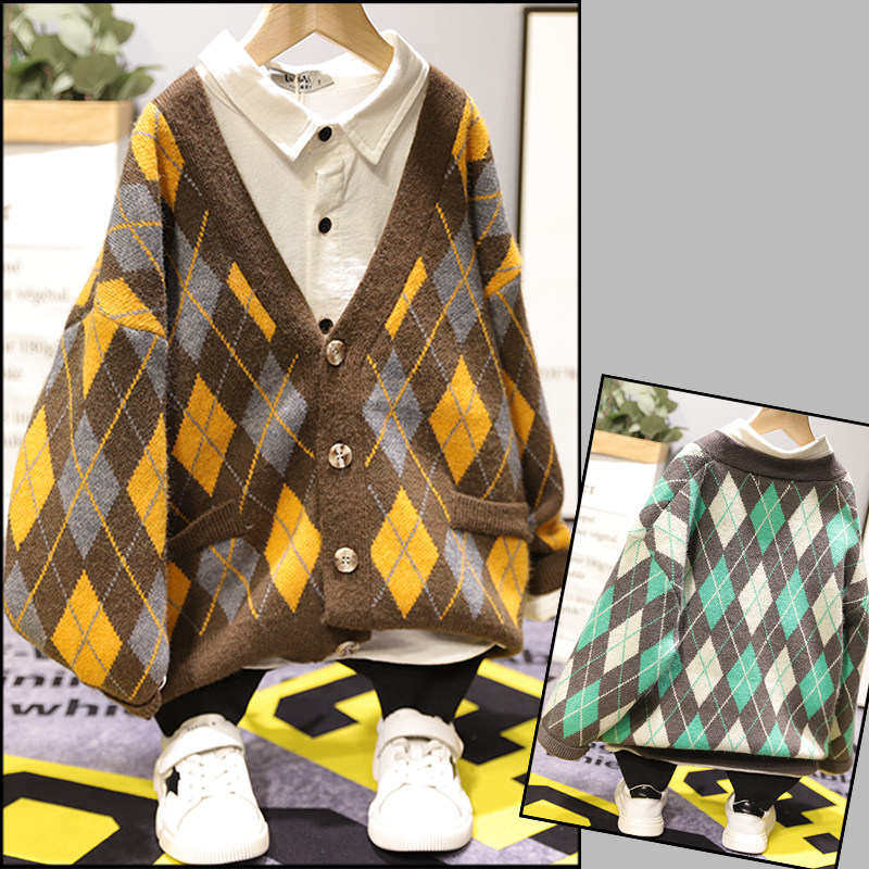 Papaya juice child clothing 2020 autumn new cardiovert boy girl jacket Korean version rhomboid plaid sweatshirt 58001