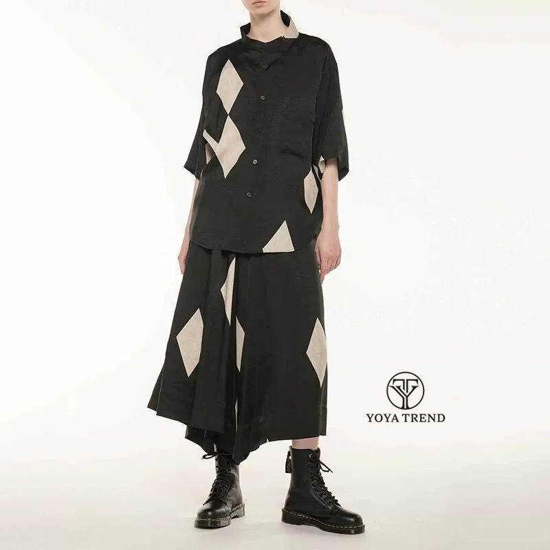 Квадратная вставка с алмазной формой от Yohji Yamamoto, свободный крой, рубашка с поднятым воротником и короткими рукавами для мужчин и женщин