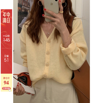 (Mid-year clearance is not returned)im to the autumn lazy wind loose long-sleeved V-neck soft waxy sweater cardigan woman