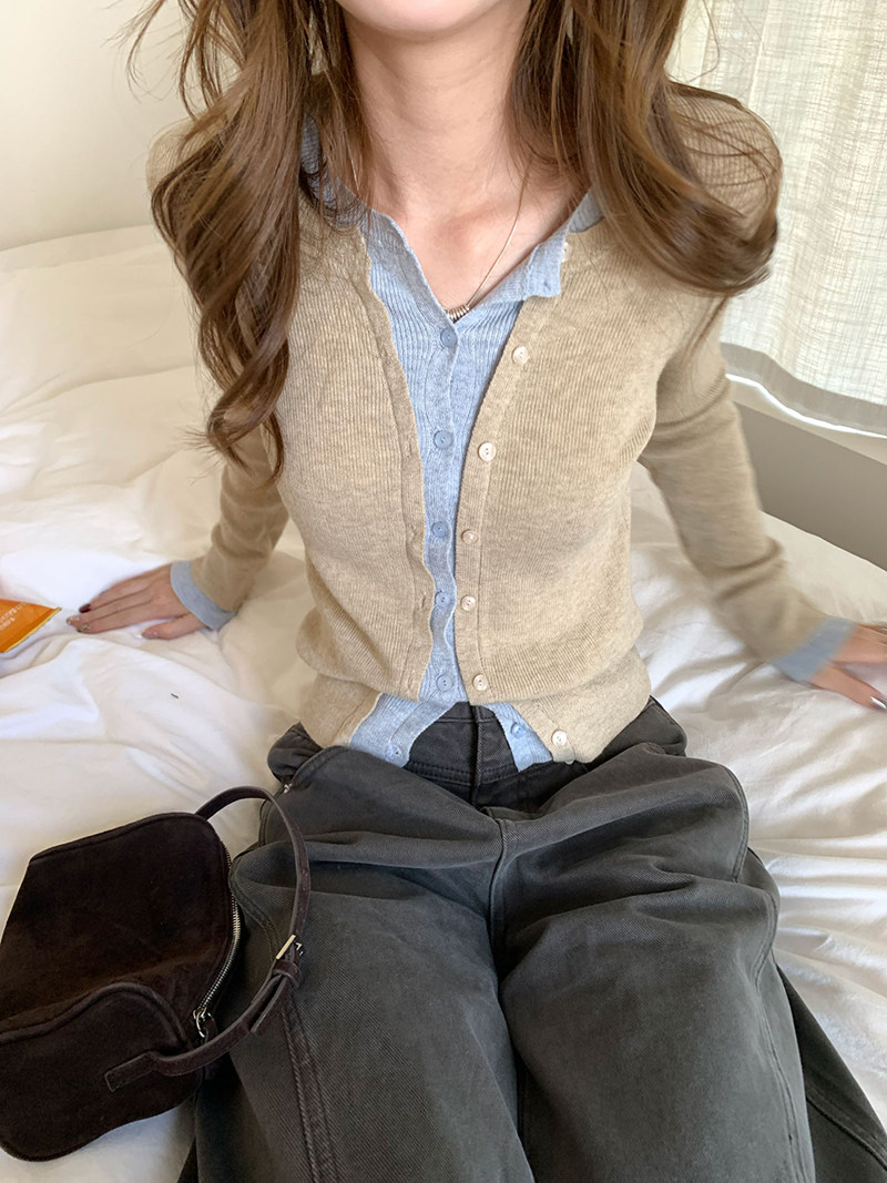 im ~까지 세련된 스택 음악 한 부서 계층의 감각 몸매 가꾸기 맨위 여성 페이크 레이어드 패치워크 색상 양모 니트 오픈 가디건 상세 이미지 28