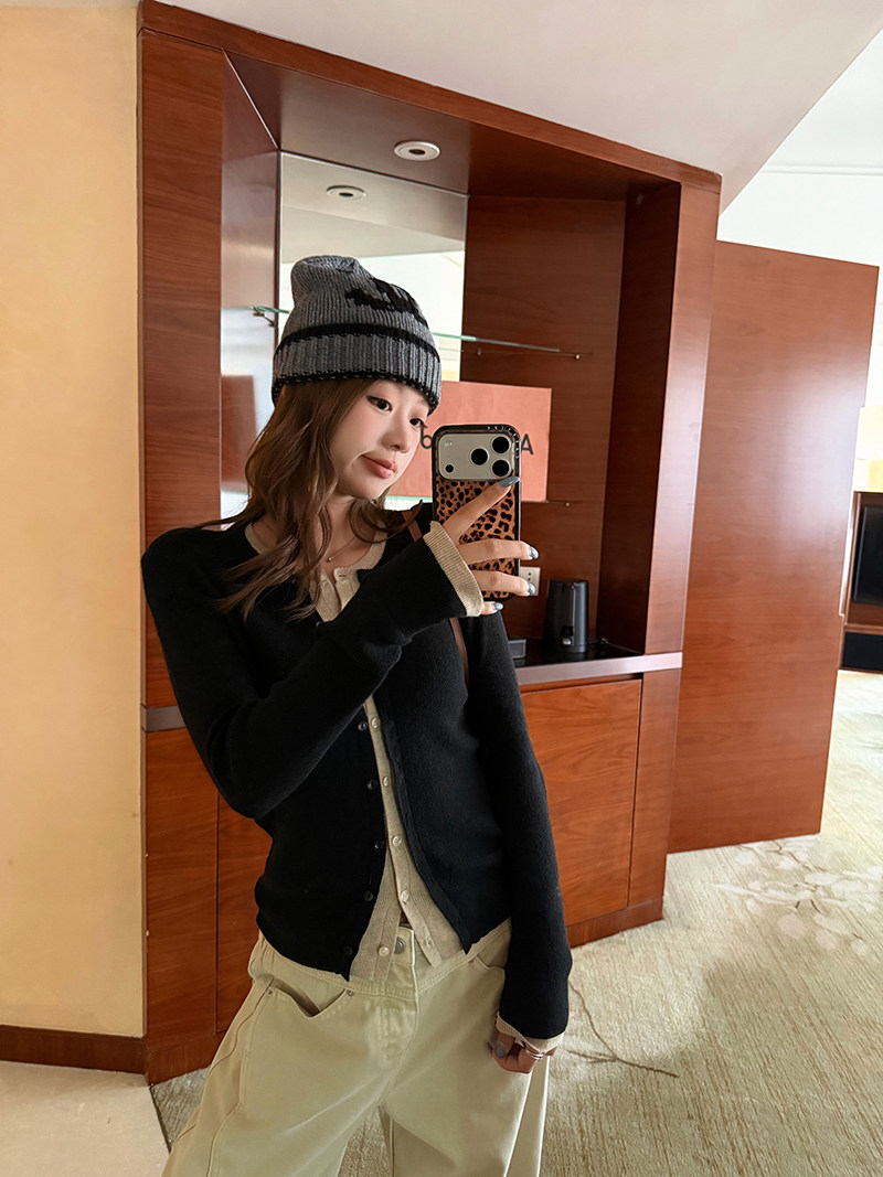 im ~까지 세련된 스택 음악 한 부서 계층의 감각 몸매 가꾸기 맨위 여성 페이크 레이어드 패치워크 색상 양모 니트 오픈 가디건 상세 이미지 12
