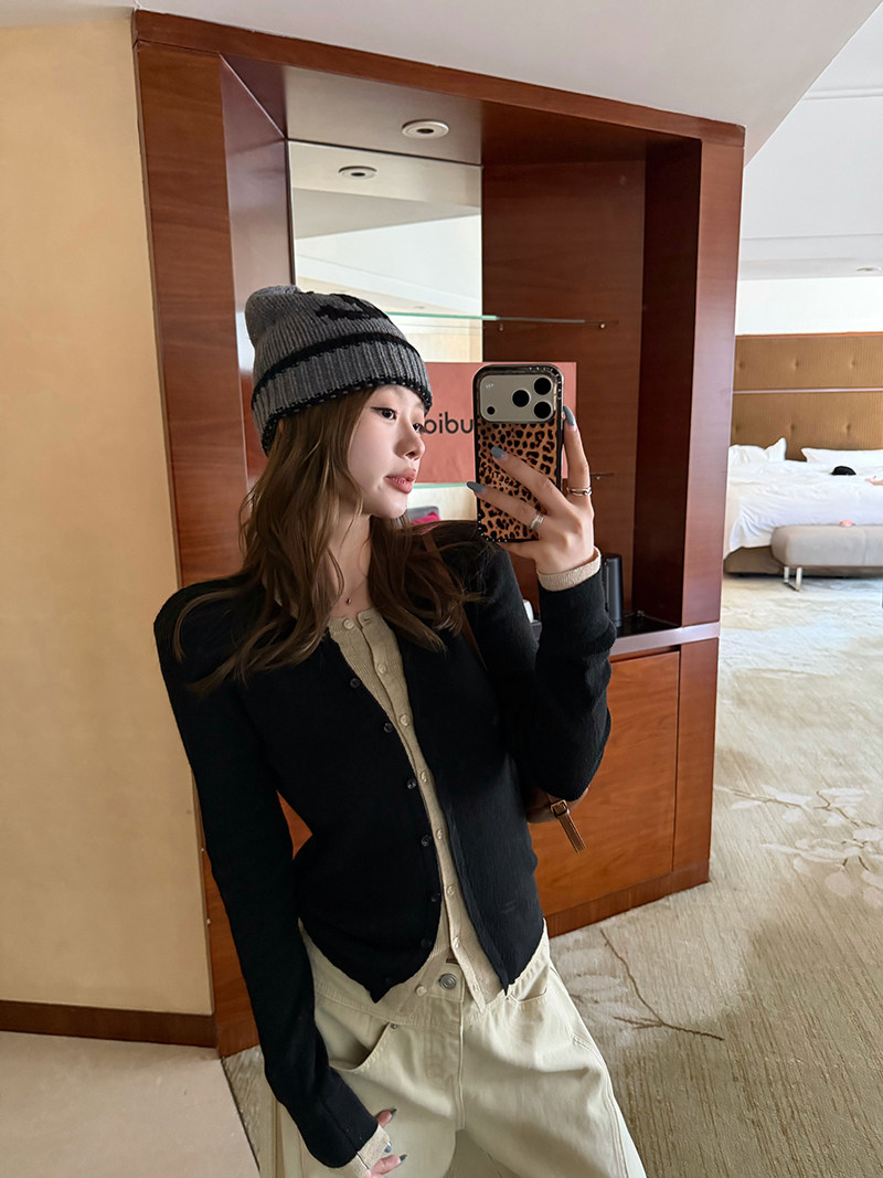 im ~까지 세련된 스택 음악 한 부서 계층의 감각 몸매 가꾸기 맨위 여성 페이크 레이어드 패치워크 색상 양모 니트 오픈 가디건 상세 이미지 42