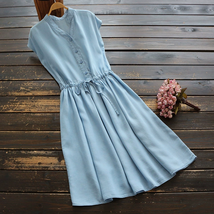 6265 phiên bản mùa hè mới của phụ nữ Hàn Quốc của váy denim ren thắt eo màu trơn đơn giản cổ chữ v - A-Line Váy