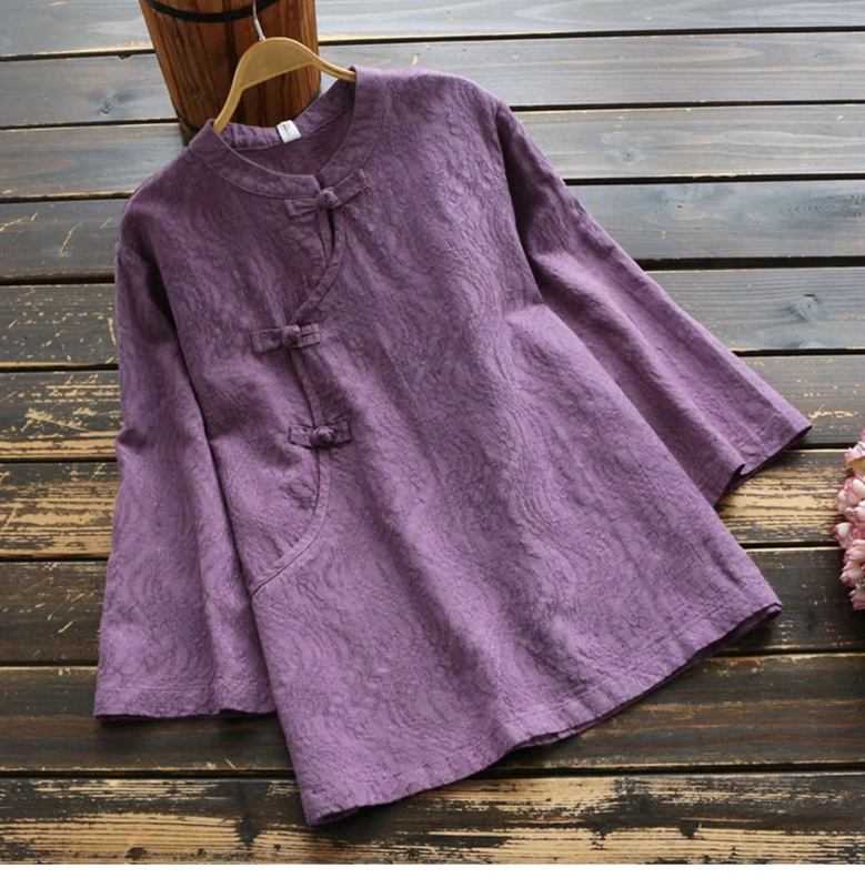 7036 mùa thu mới của phụ nữ khóa retro ngọn tay áo phong cách Trung Quốc bảy điểm áo thun cotton Tencel áo sơ mi trà - Áo sơ mi