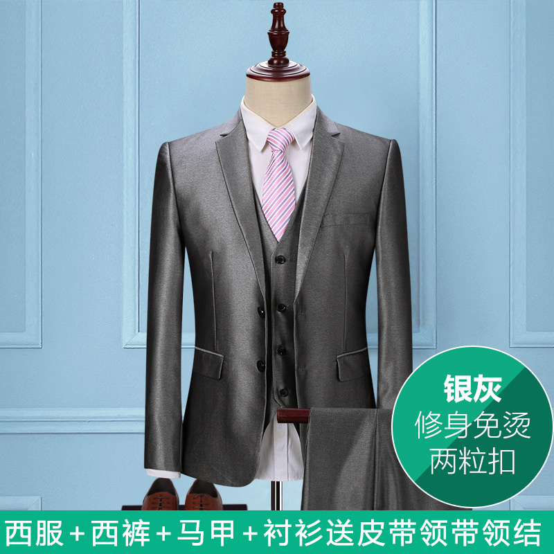 Suit phù hợp với nam giới ba mảnh phù hợp với Hàn Quốc phiên bản của chiếc váy với chiếc váy chú rể cưới bạc mùa thu xám