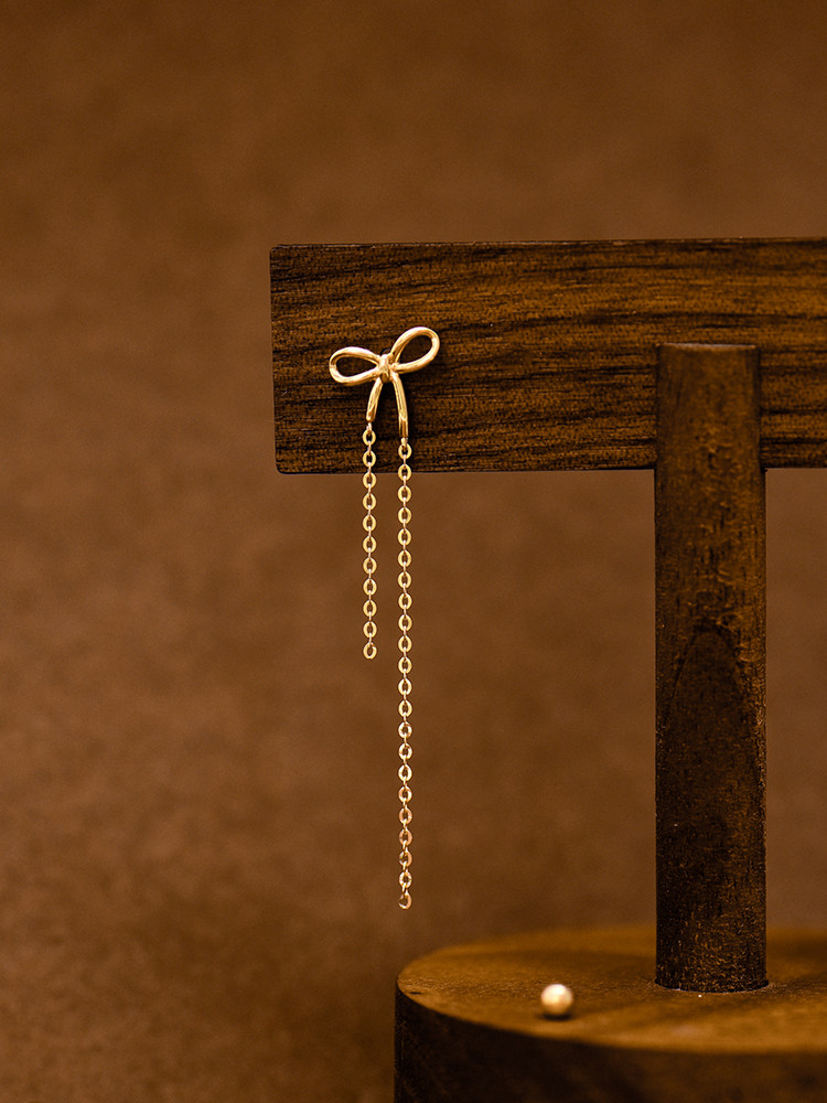 Korean 10K gold stud earrings for women, bow tassels, threaded screw earrings, whole body K gold ear piercing single piece