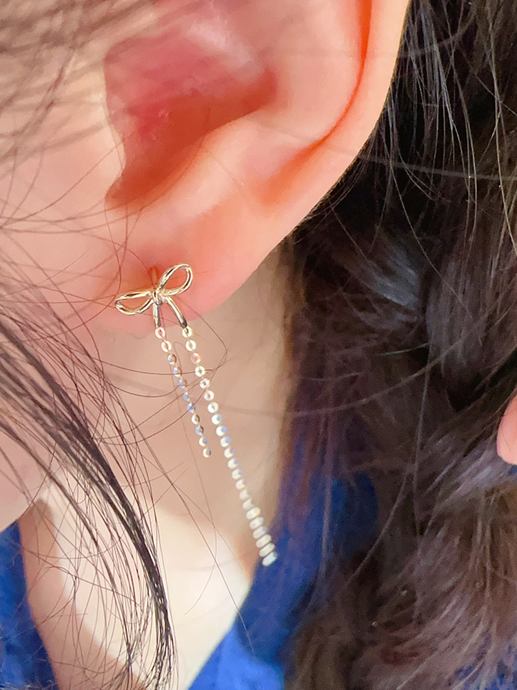 Korean 10K gold stud earrings for women, bow tassels, threaded screw earrings, whole body K gold ear piercing single piece