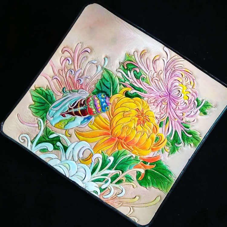 Handmade leather carving bag women's vertical fortune women's hand bag retro long zipper cowhide youth wallet Chinese style