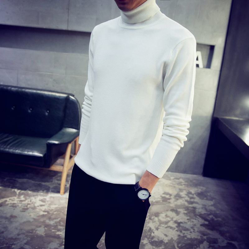 2018 Hàn Quốc Slim Solid màu dài tay áo cao cổ áo len Áo len trắng đáy quần bó sát mùa đông thời trang nam