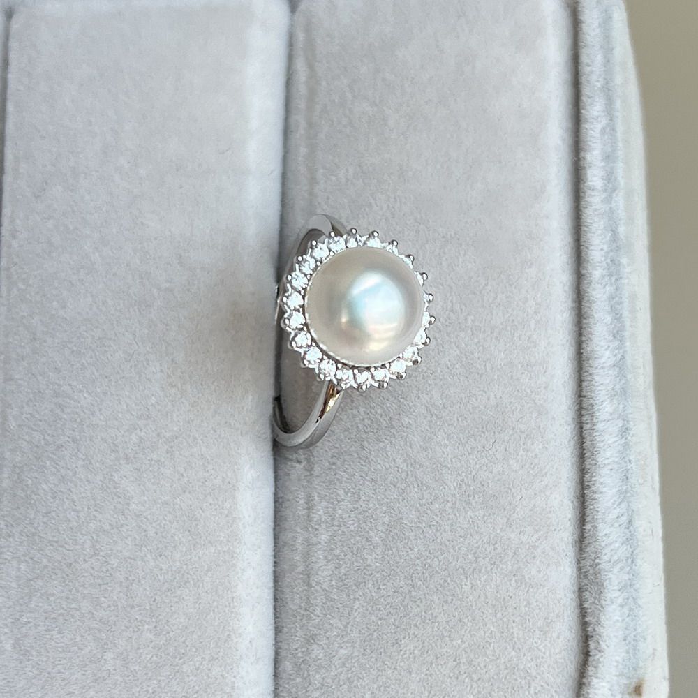 S925 sterling silver mirror extremely bright pure white silky smooth and flawless natural white pearl ring 9mm sunflower