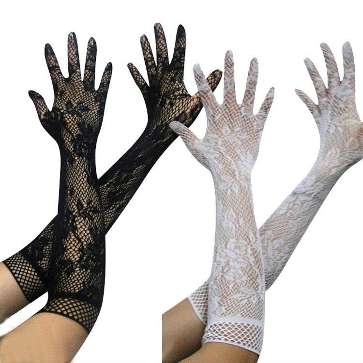 Sexy transparent lace stretch gloves mid-length bridal nurse maid sex lingerie uniform seduces stretchy