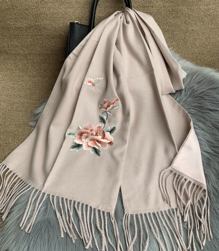 Suzhou embroidery brushed silk scarf autumn and winter women warm long embroidered collar Morandi color small shawl