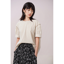 Spot-CCHER Bubble crepe stretch linen short-sleeved top Mesh flower hollow out embroidered Sisi and womens XUGC3145