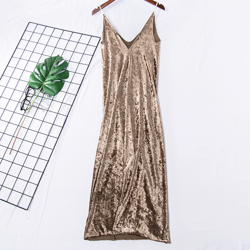 L8 mùa thu mới thanh lịch khí chất vàng sáng nhung phía trước và sau V-cổ chẻ đôi nịt sling Váy 5034 váy liền thân dáng dài