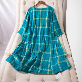 Artistic loose large plaid cotton dress 3 colors