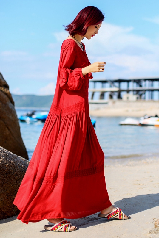 Yunnan and Xinjiang Travel Outfit Women's Beach Vacation Dress Chaka Salt Lake Photo Shoot Desert Red Long Dress