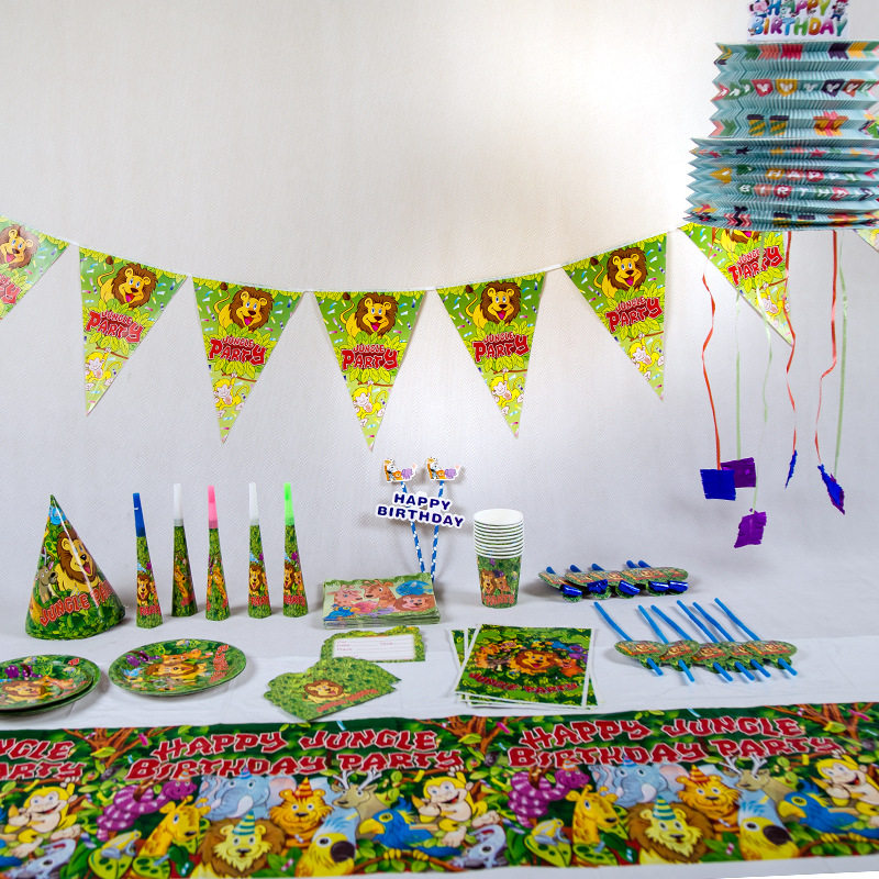 The Lion King Party Supplies Simba Jungle Animal Themed Cutlery Birthday Hat Tablecloth Cup Blowing Dragon Birthday Decoration